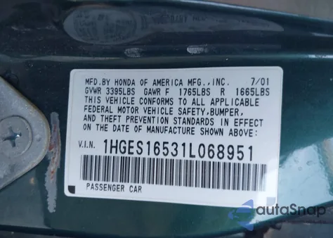 2001 Honda Civic Lx из США, поврежденный, VIN 1HGES16531L068951